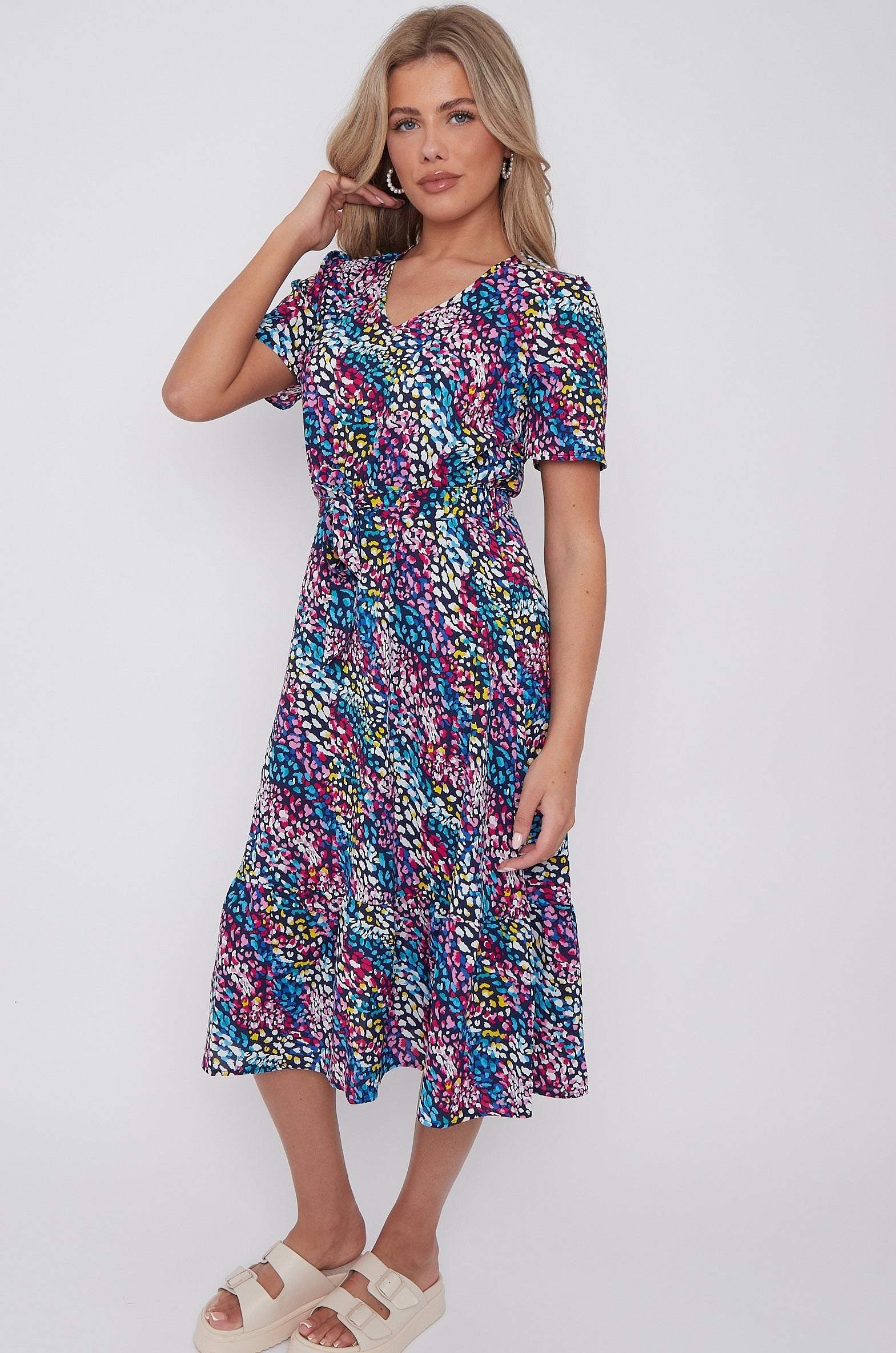 8Pcs Navy Rainbow Leopard Print V Neck Frilled Hem Midi Dress