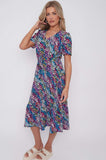8Pcs Navy Rainbow Leopard Print V Neck Frilled Hem Midi Dress