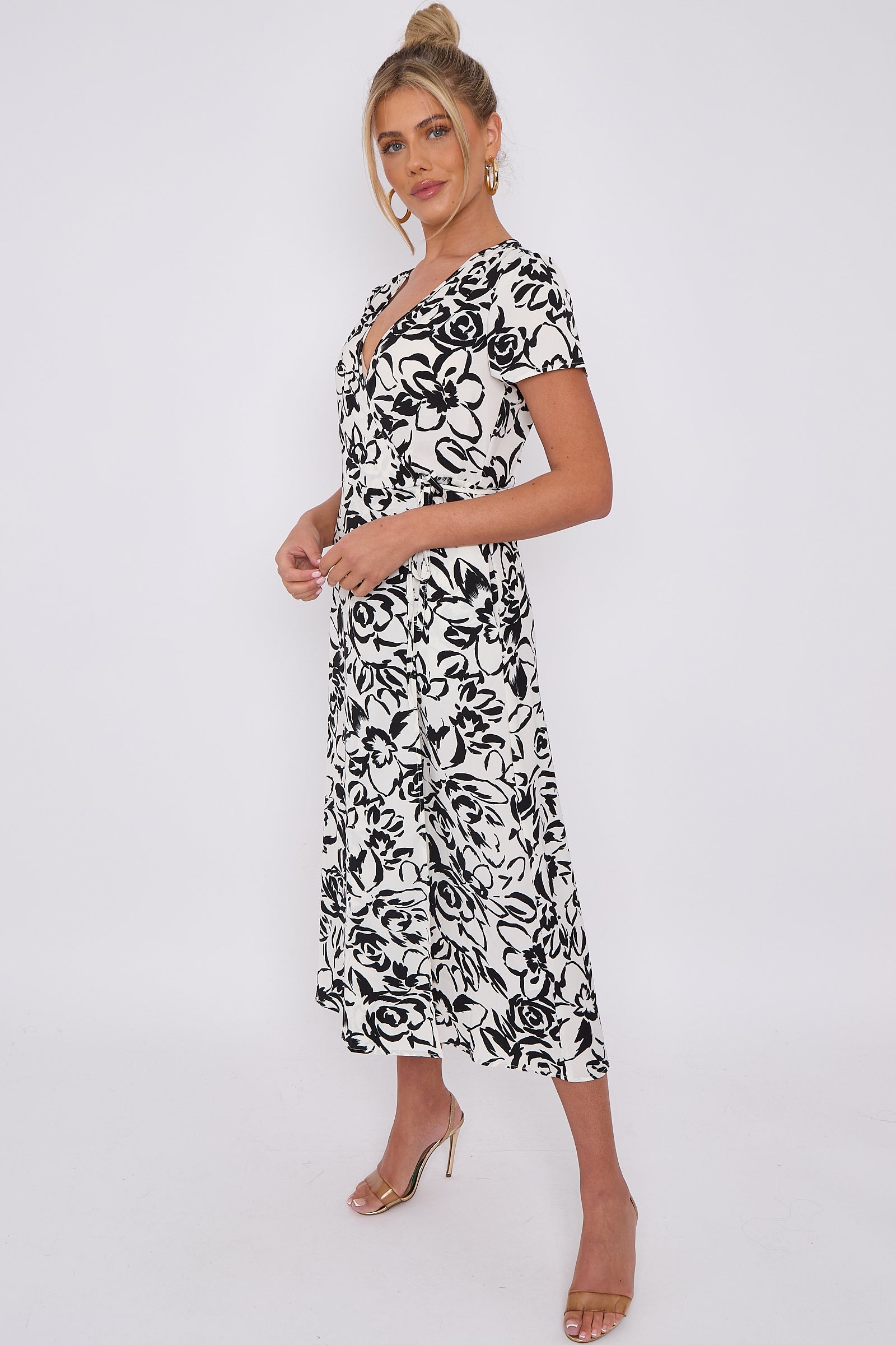 Love Sunshine White Floral Print Wrapped Midi Dress Brunch Dress Dress with Pockets Everyday Dress Garden Party Dress Holiday Dress LS-2118 Short Sleeve Dress Summer Dress Tea Dress Wedding Guest Dress