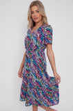 8Pcs Navy Rainbow Leopard Print V Neck Frilled Hem Midi Dress