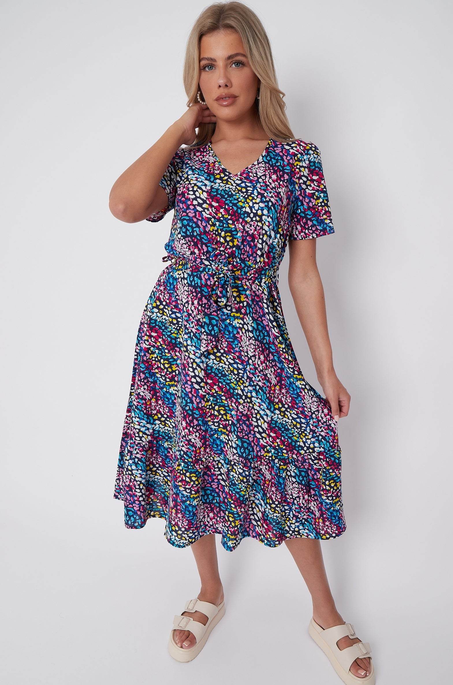 8Pcs Navy Rainbow Leopard Print V Neck Frilled Hem Midi Dress