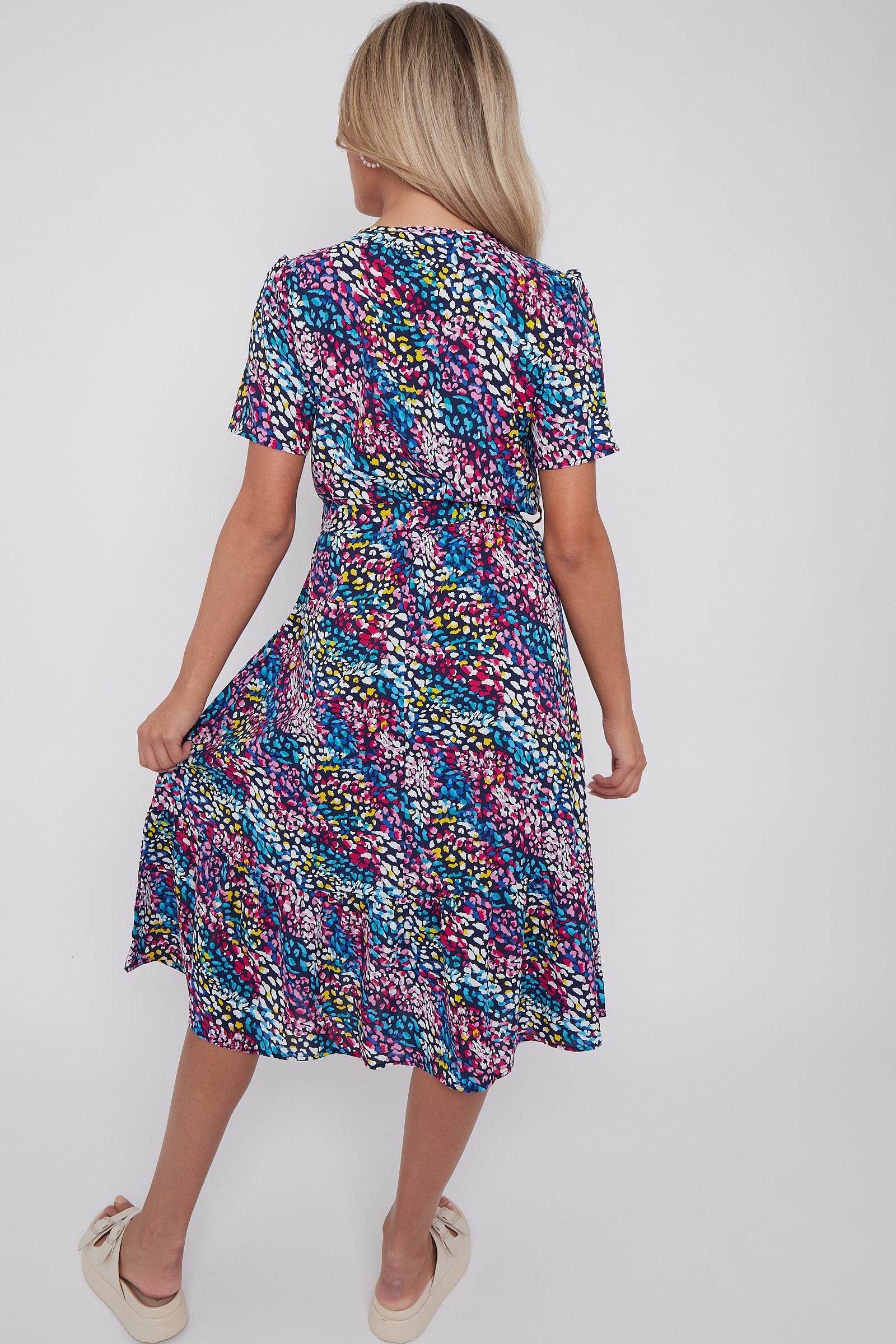 8Pcs Navy Rainbow Leopard Print V Neck Frilled Hem Midi Dress