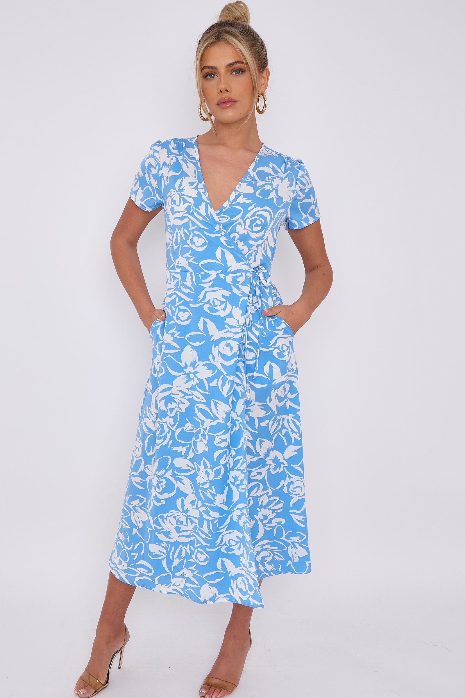 Love Sunshine Blue Floral Print Wrapped Midi Dress Brunch Dress Dress with Pockets Everyday Dress Garden Party Dress Holiday Dress LS-2118 Short Sleeve Dress Summer Dress Tea Dress Wedding Guest Dress