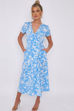 Love Sunshine Blue Floral Print Wrapped Midi Dress Brunch Dress Dress with Pockets Everyday Dress Garden Party Dress Holiday Dress LS-2118 Short Sleeve Dress Summer Dress Tea Dress Wedding Guest Dress