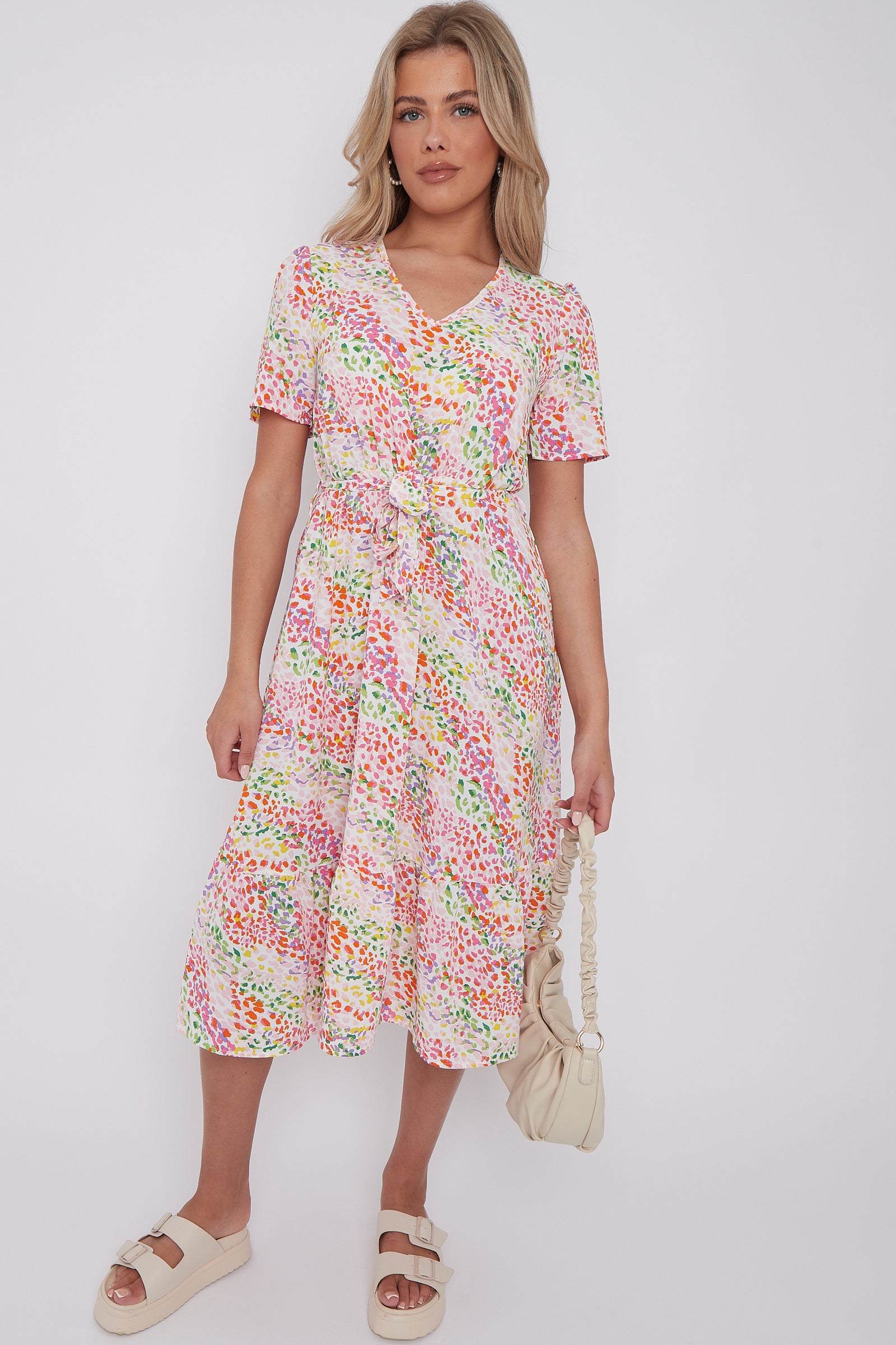8Pcs Rainbow Leopard Print V Neck Frilled Hem Midi Dress