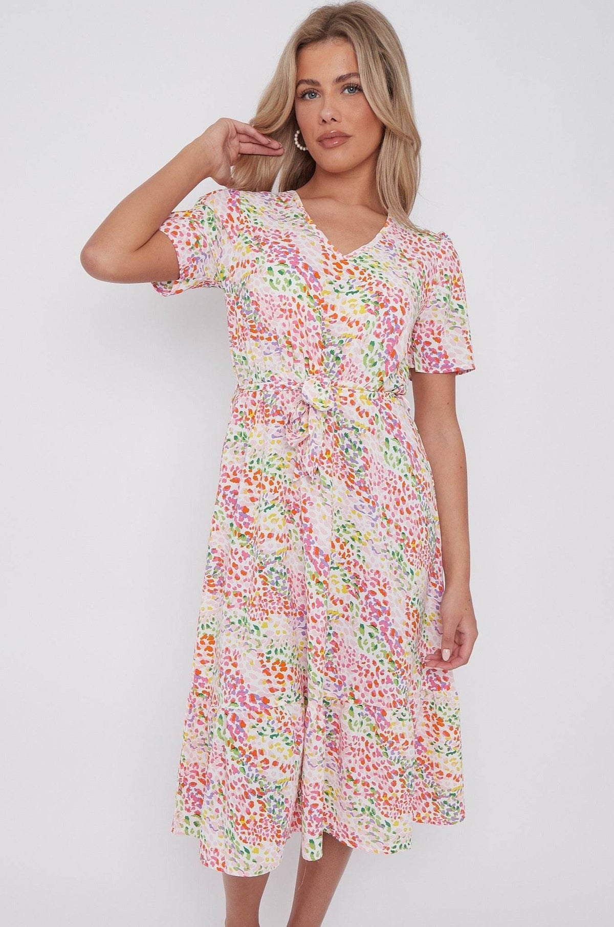 8Pcs Rainbow Leopard Print V Neck Frilled Hem Midi Dress