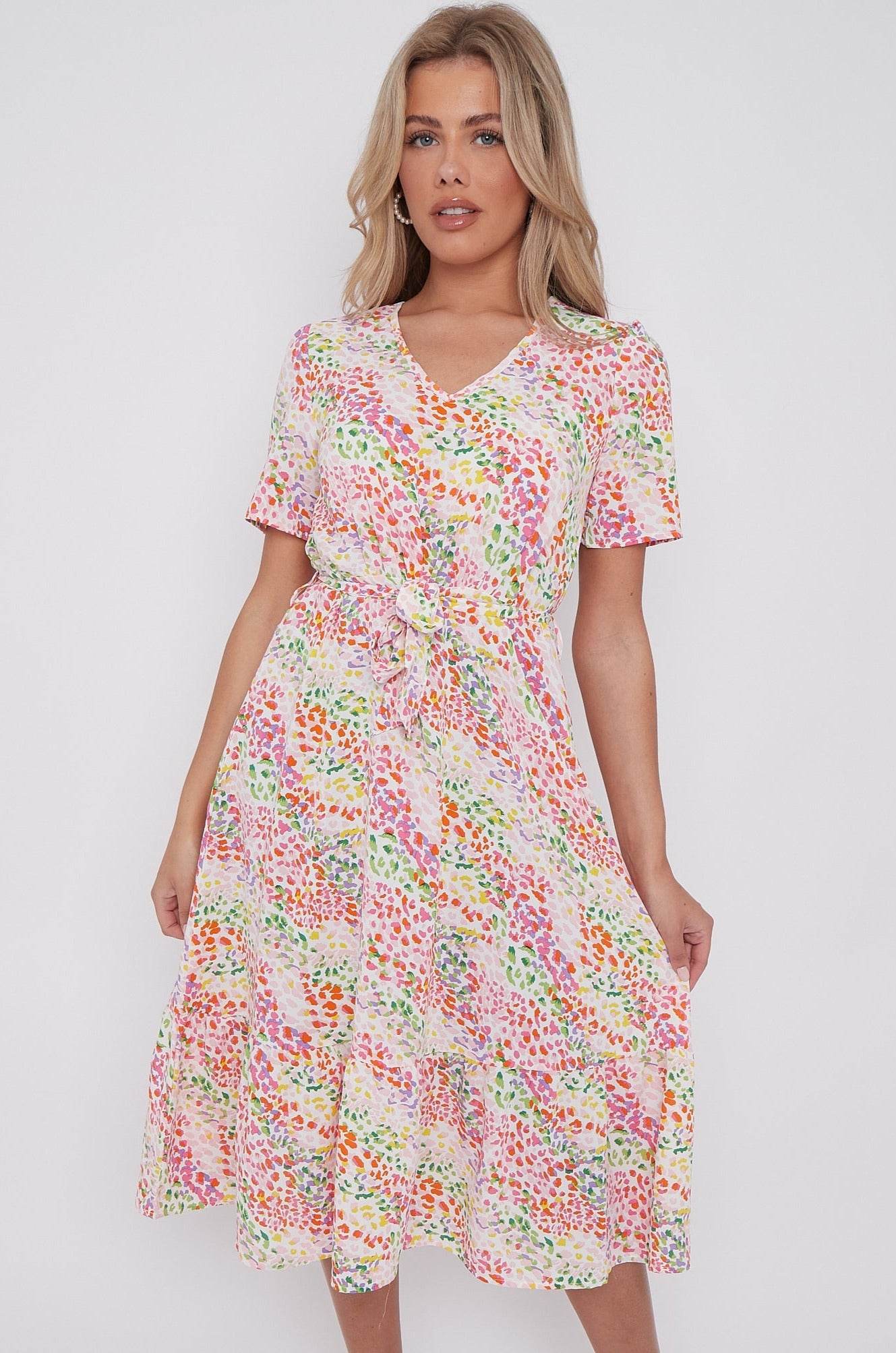 8Pcs Rainbow Leopard Print V Neck Frilled Hem Midi Dress
