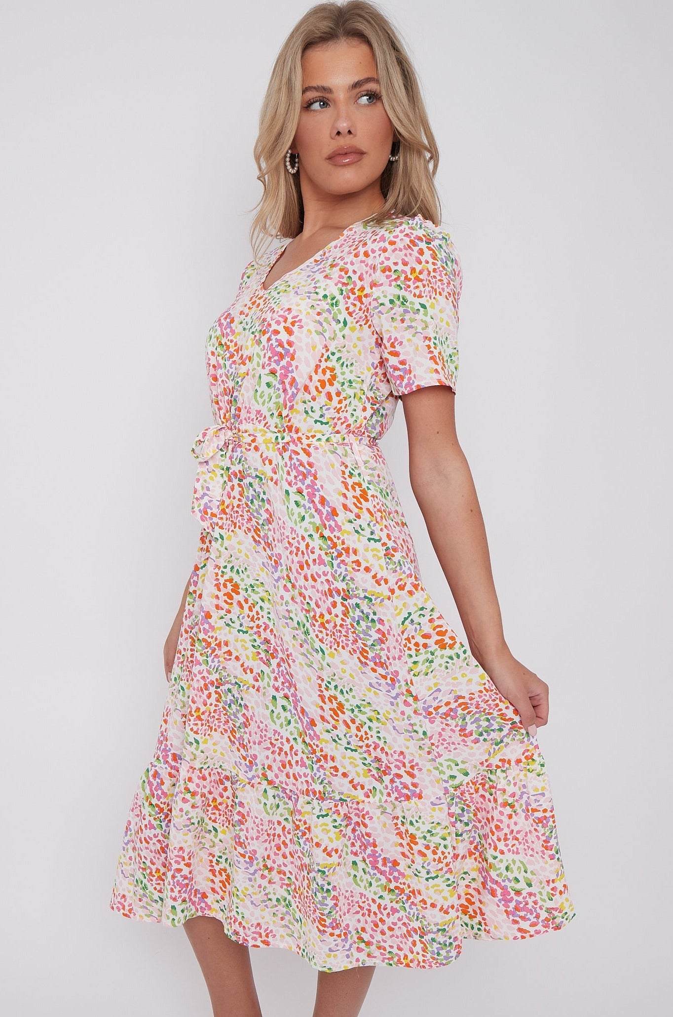 8Pcs Rainbow Leopard Print V Neck Frilled Hem Midi Dress