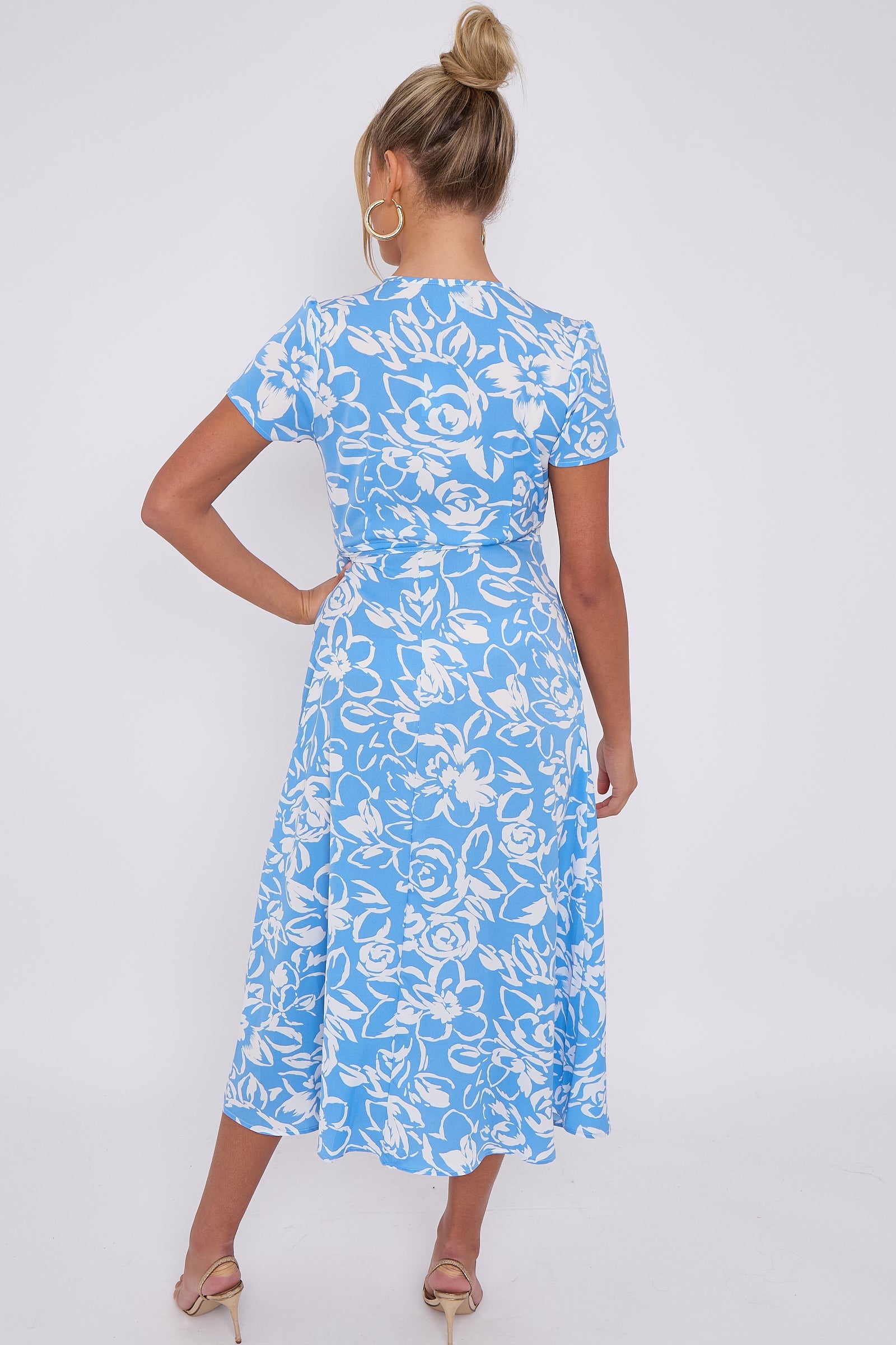 Love Sunshine Blue Floral Print Wrapped Midi Dress Brunch Dress Dress with Pockets Everyday Dress Garden Party Dress Holiday Dress LS-2118 Short Sleeve Dress Summer Dress Tea Dress Wedding Guest Dress