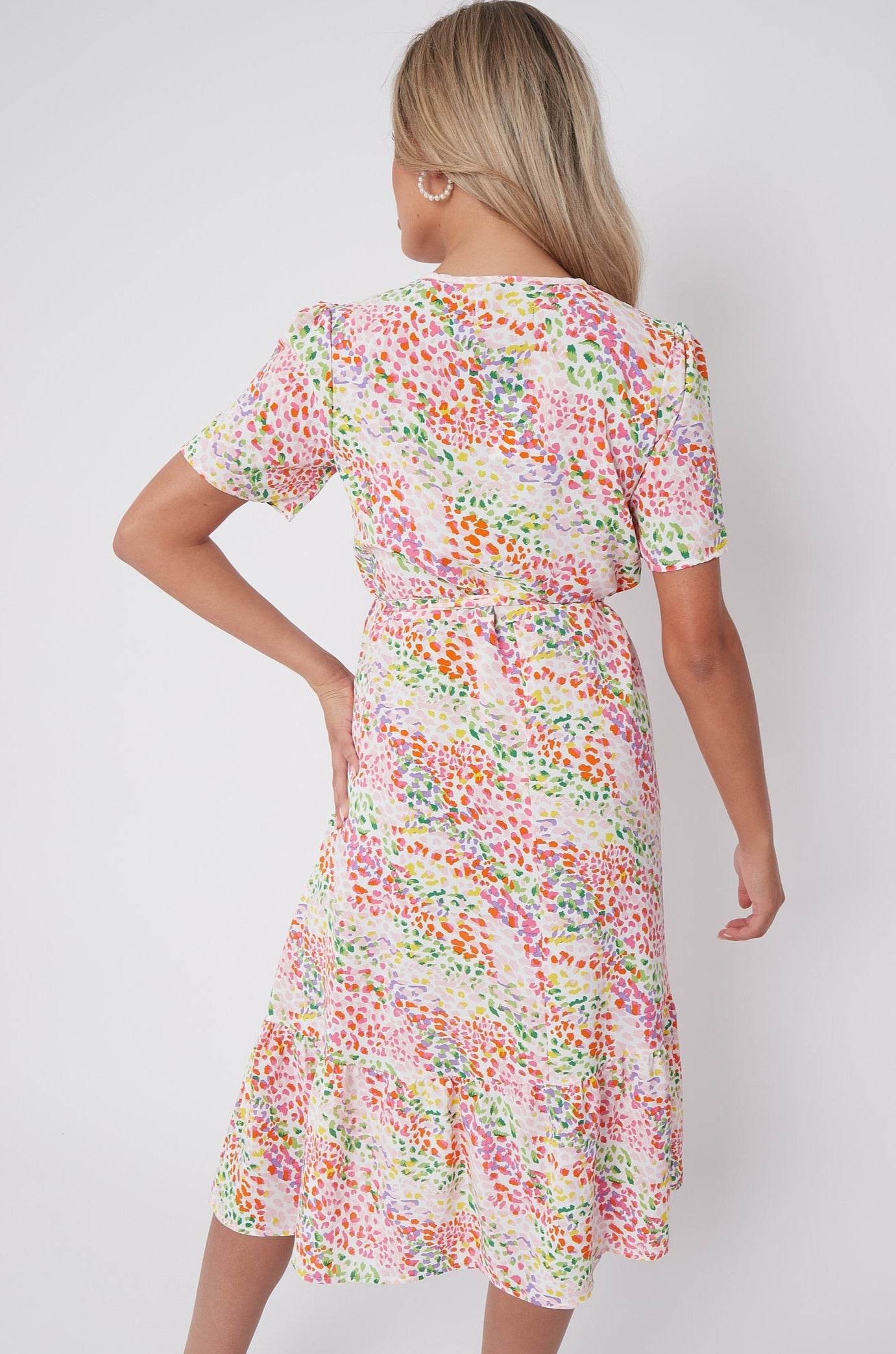 8Pcs Rainbow Leopard Print V Neck Frilled Hem Midi Dress