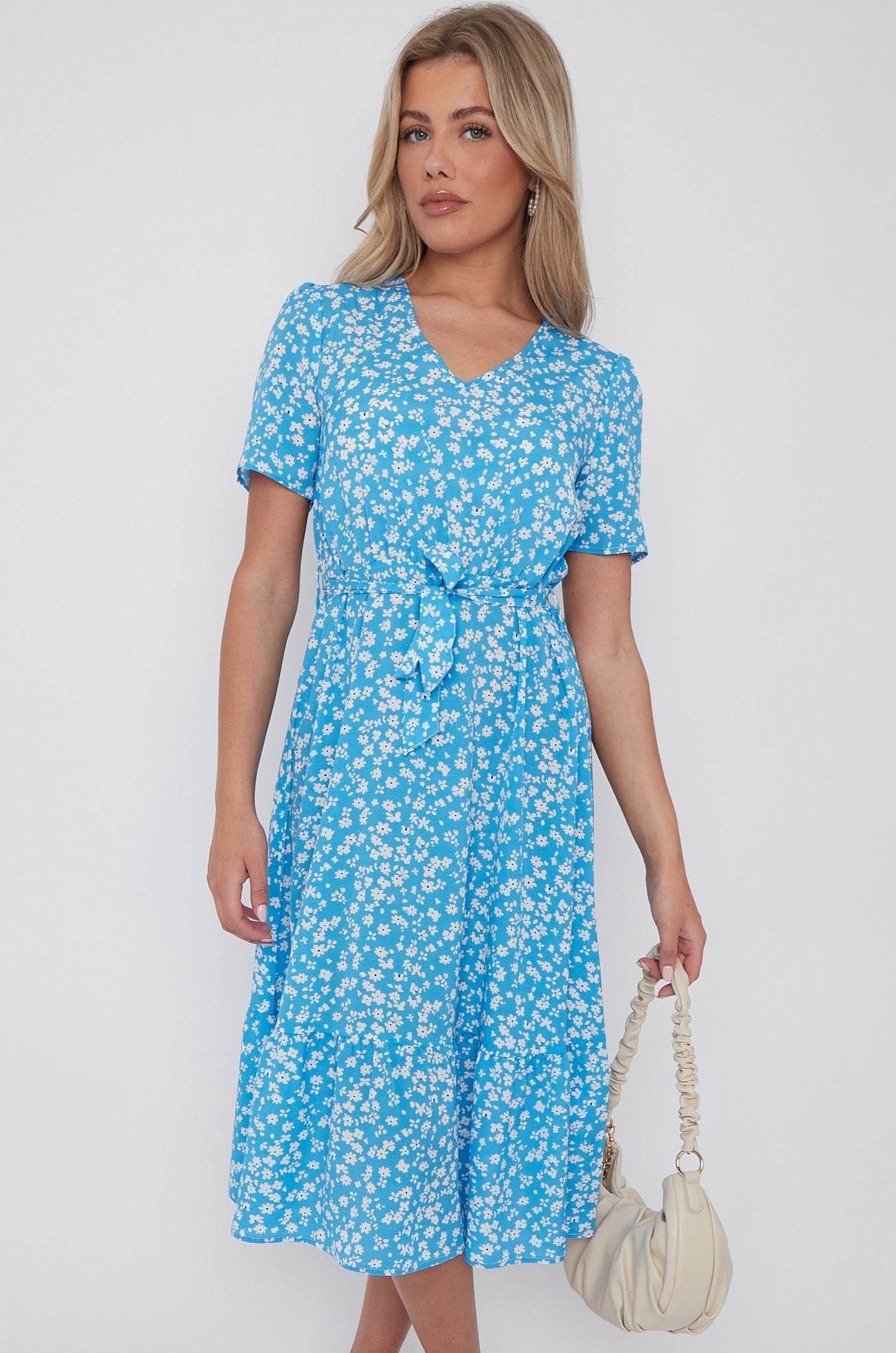 8Pcs Blue Floral Print V Neck Frilled Hem Midi Dress