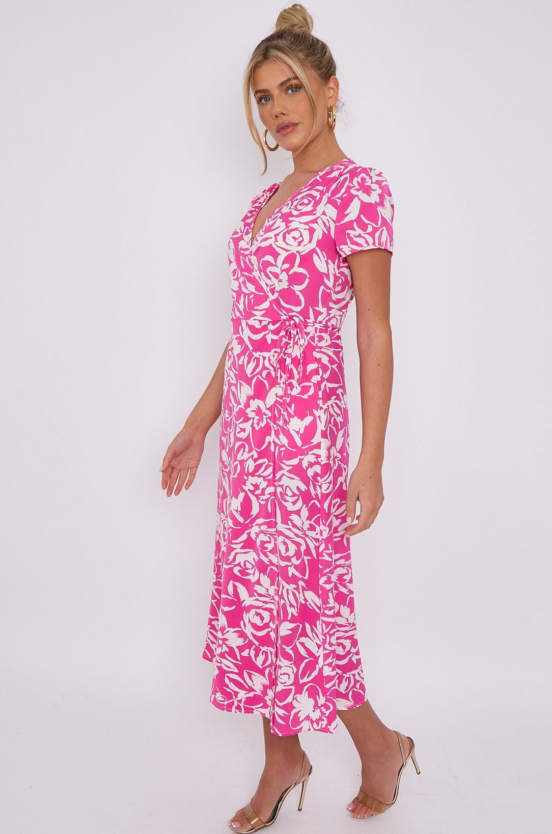 Love Sunshine Pink Floral Print Wrapped Midi Dress Brunch Dress Dress with Pockets Everyday Dress Garden Party Dress Holiday Dress LS-2118 Short Sleeve Dress Summer Dress Tea Dress Wedding Guest Dress