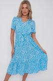 8Pcs Blue Floral Print V Neck Frilled Hem Midi Dress