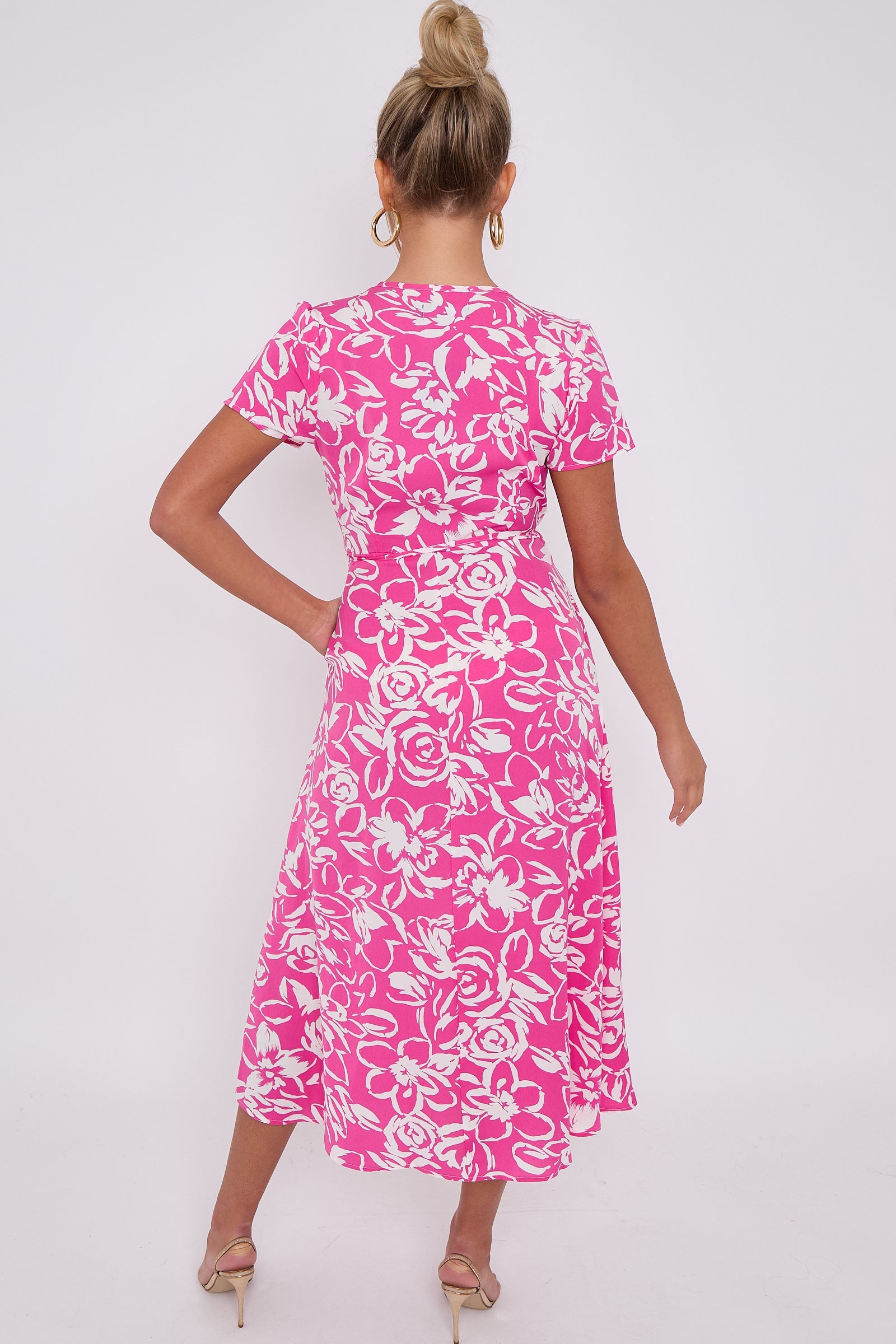 Love Sunshine Pink Floral Print Wrapped Midi Dress Brunch Dress Dress with Pockets Everyday Dress Garden Party Dress Holiday Dress LS-2118 Short Sleeve Dress Summer Dress Tea Dress Wedding Guest Dress