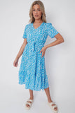 8Pcs Blue Floral Print V Neck Frilled Hem Midi Dress