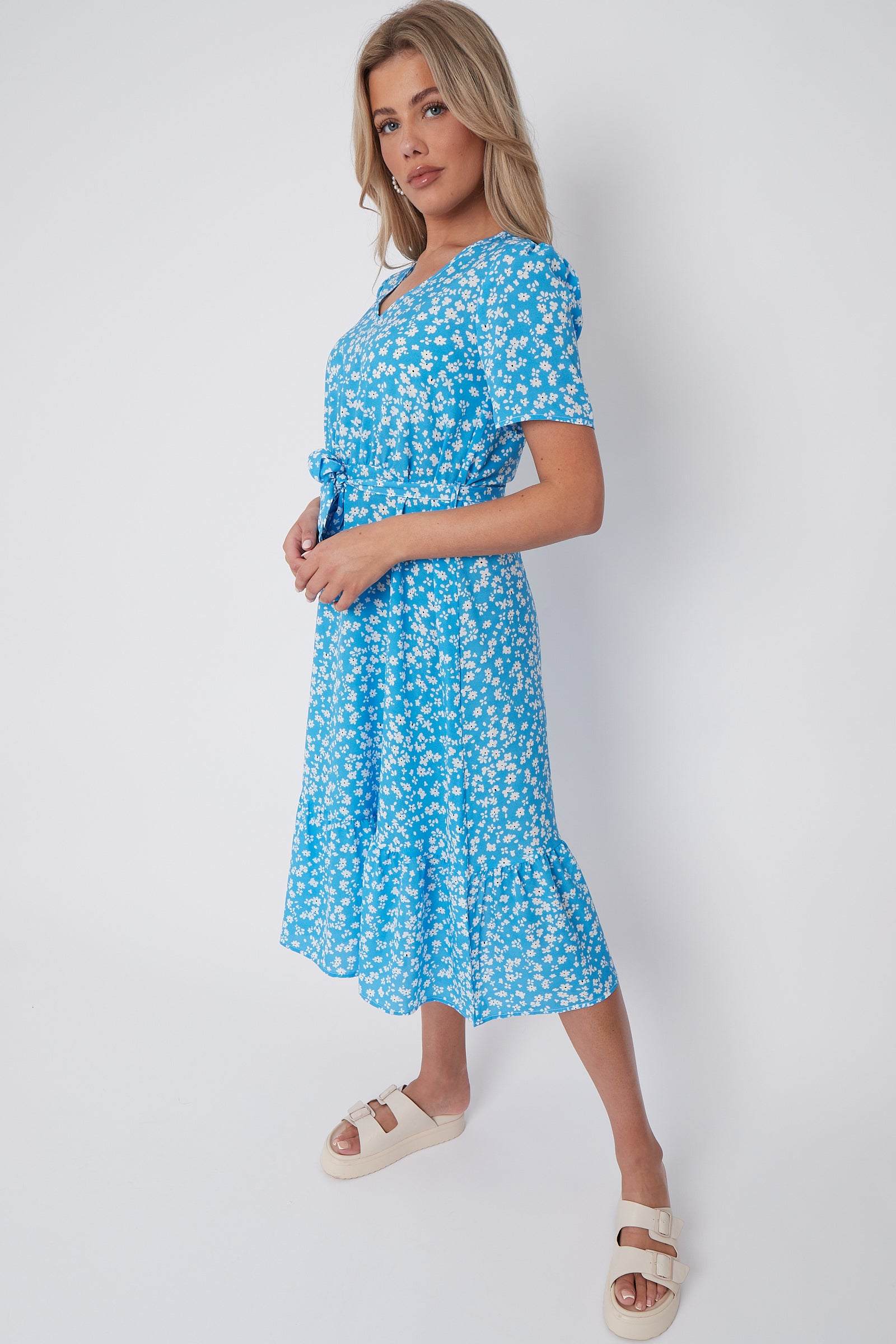 8Pcs Blue Floral Print V Neck Frilled Hem Midi Dress