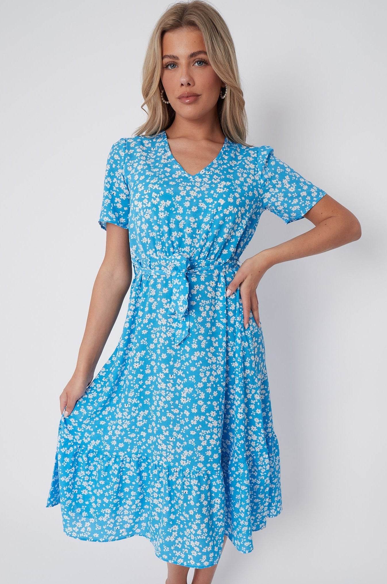 8Pcs Blue Floral Print V Neck Frilled Hem Midi Dress