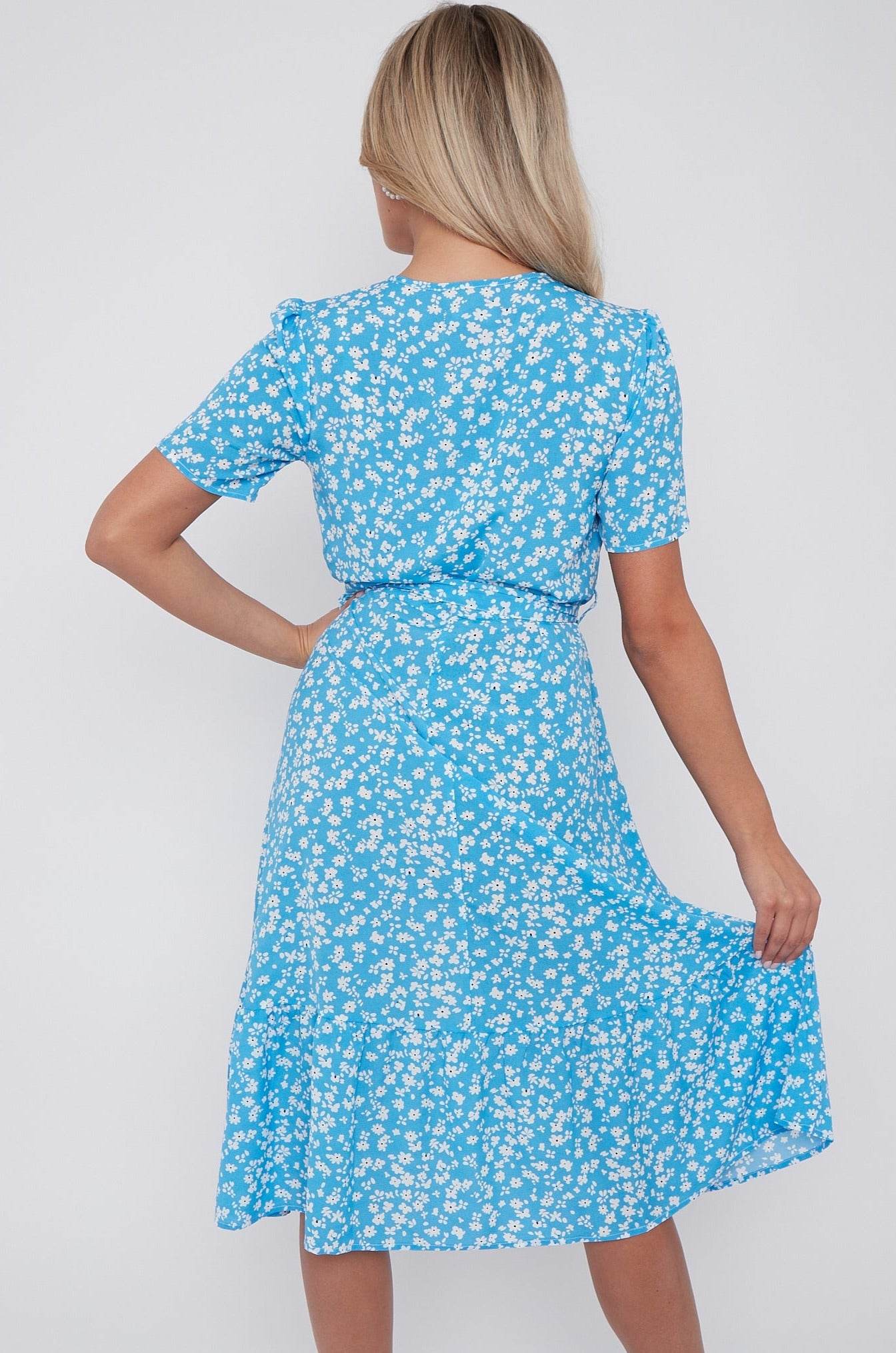 8Pcs Blue Floral Print V Neck Frilled Hem Midi Dress