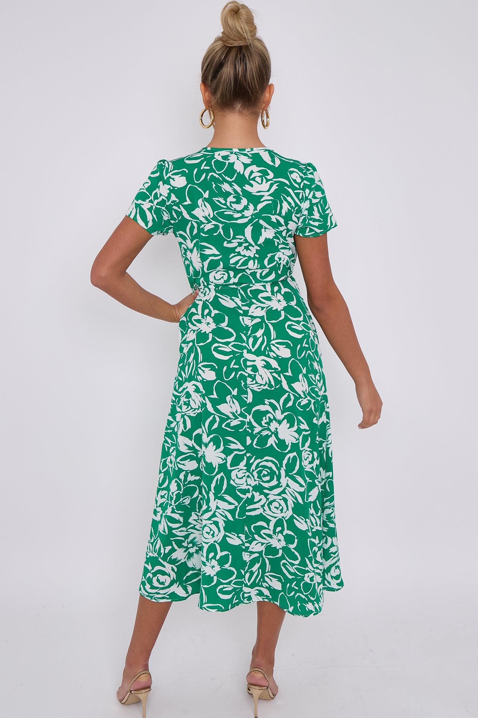 Love Sunshine Green Floral Print Wrapped Midi Dress Brunch Dress Dress with Pockets Everyday Dress Garden Party Dress Holiday Dress LS-2118 Short Sleeve Dress Summer Dress Tea Dress Wedding Guest Dress