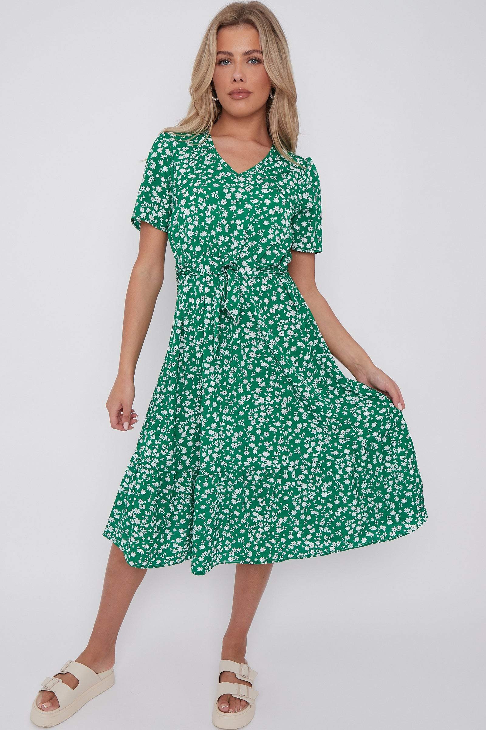 8Pcs Green Floral Print V Neck Frilled Hem Midi Dress