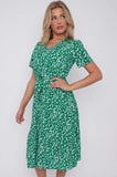 8Pcs Green Floral Print V Neck Frilled Hem Midi Dress