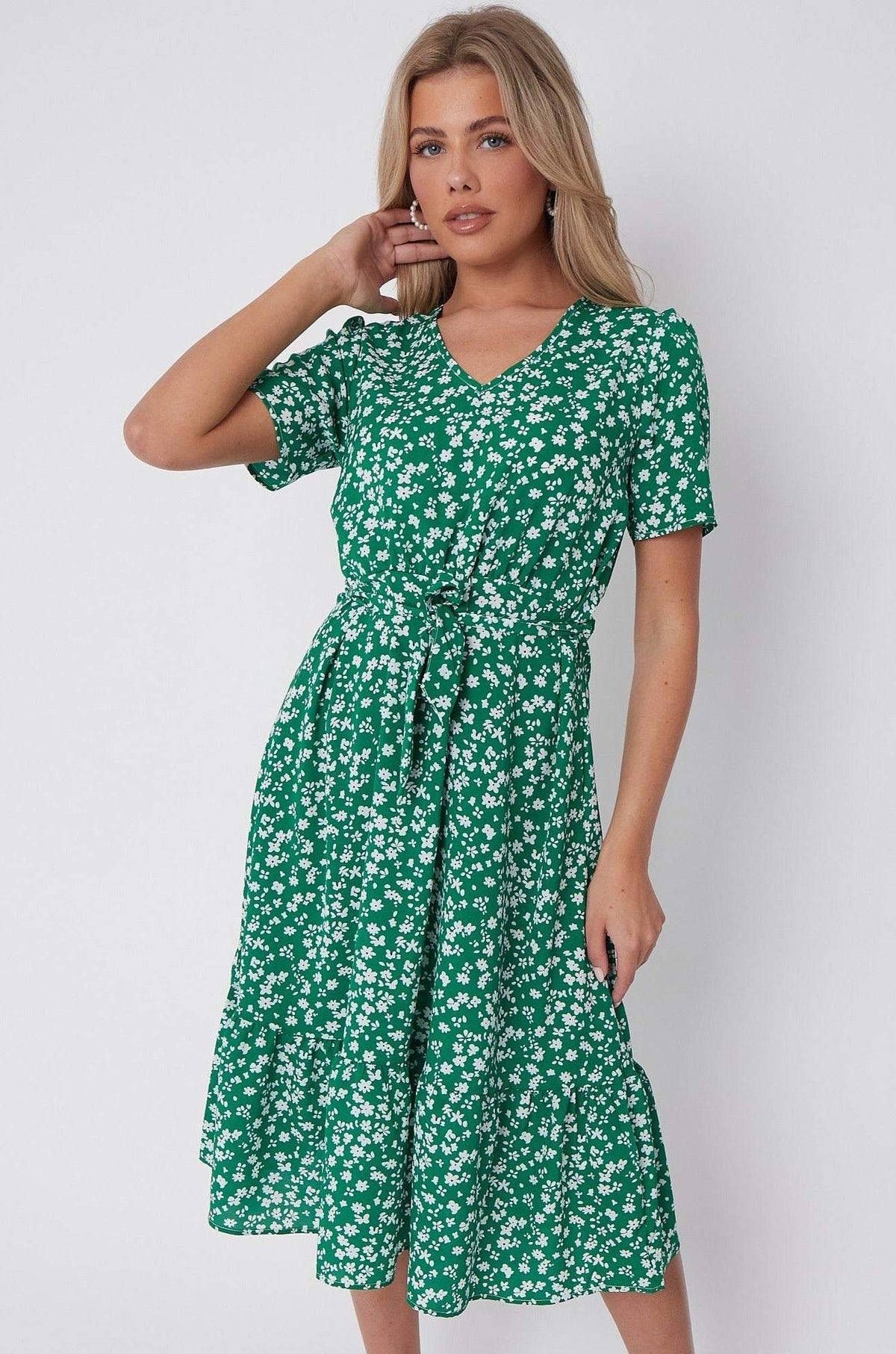 8Pcs Green Floral Print V Neck Frilled Hem Midi Dress