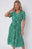 8Pcs Green Floral Print V Neck Frilled Hem Midi Dress
