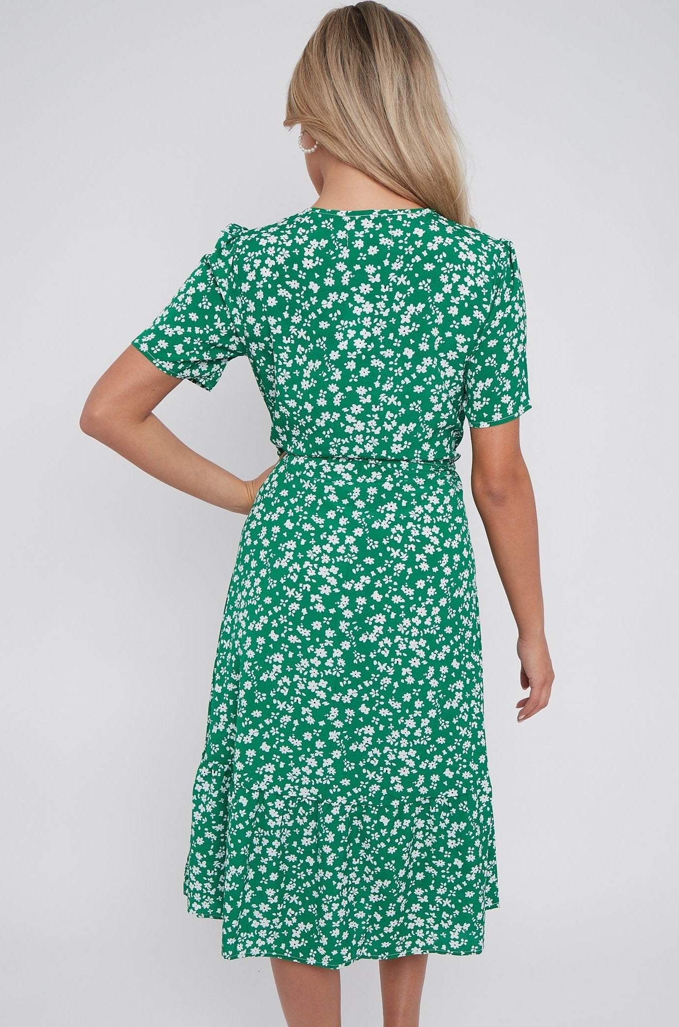 8Pcs Green Floral Print V Neck Frilled Hem Midi Dress