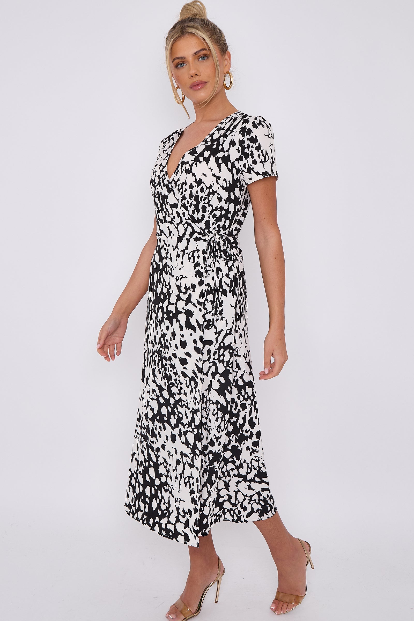 Love Sunshine Mono Leopard Print Wrapped Midi Dress Brunch Dress Dress with Pockets Everyday Dress Garden Party Dress Holiday Dress LS-2118 Short Sleeve Dress Summer Dress Tea Dress Wedding Guest Dress