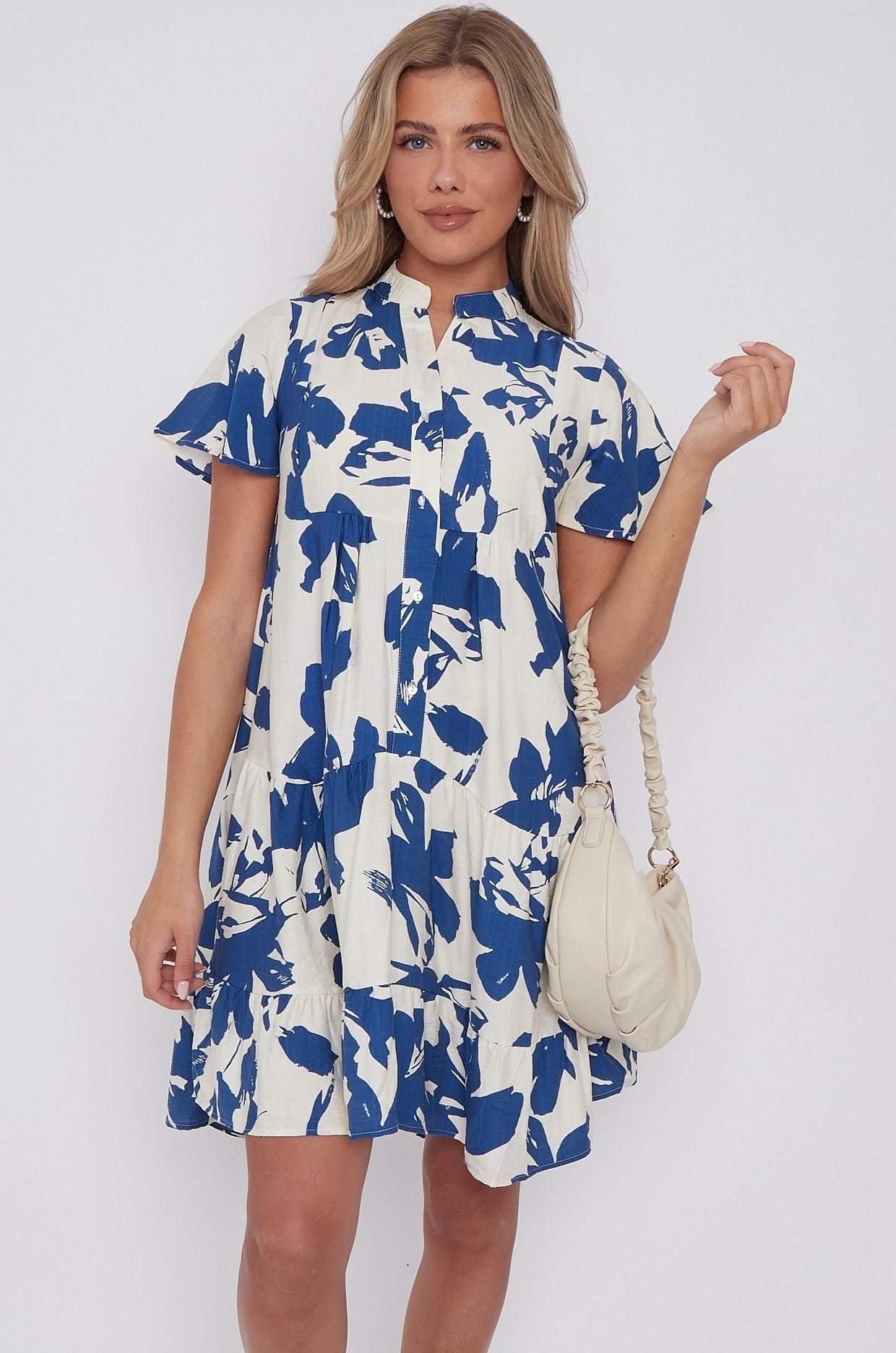 8Pcs Blue Floral Print Short Sleeve Flared Mini Dress