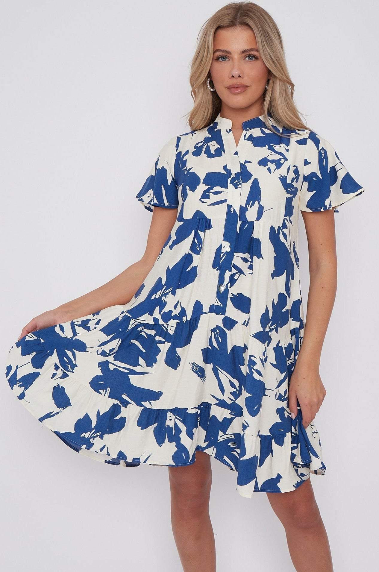 8Pcs Blue Floral Print Short Sleeve Flared Mini Dress