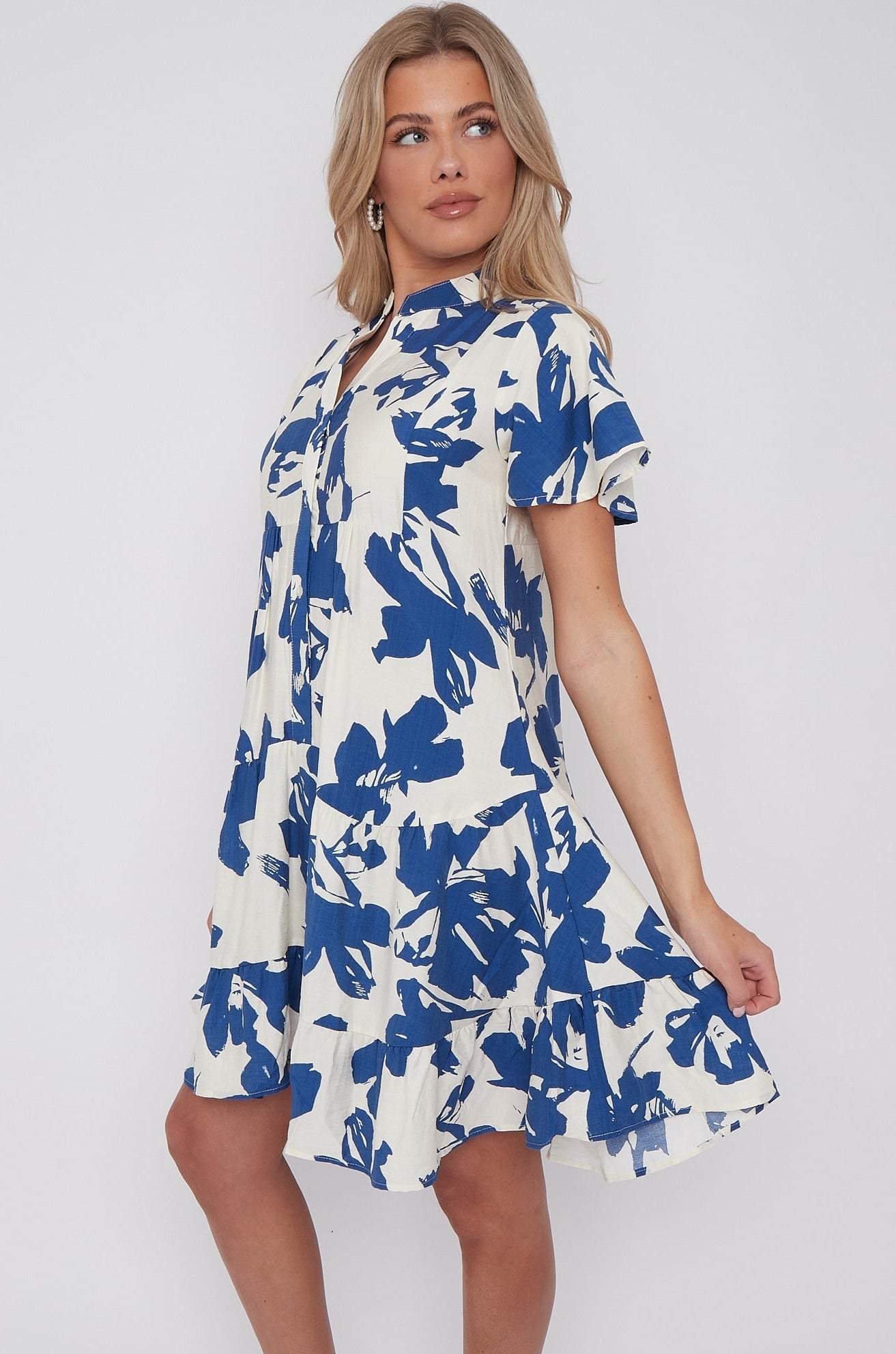 8Pcs Blue Floral Print Short Sleeve Flared Mini Dress