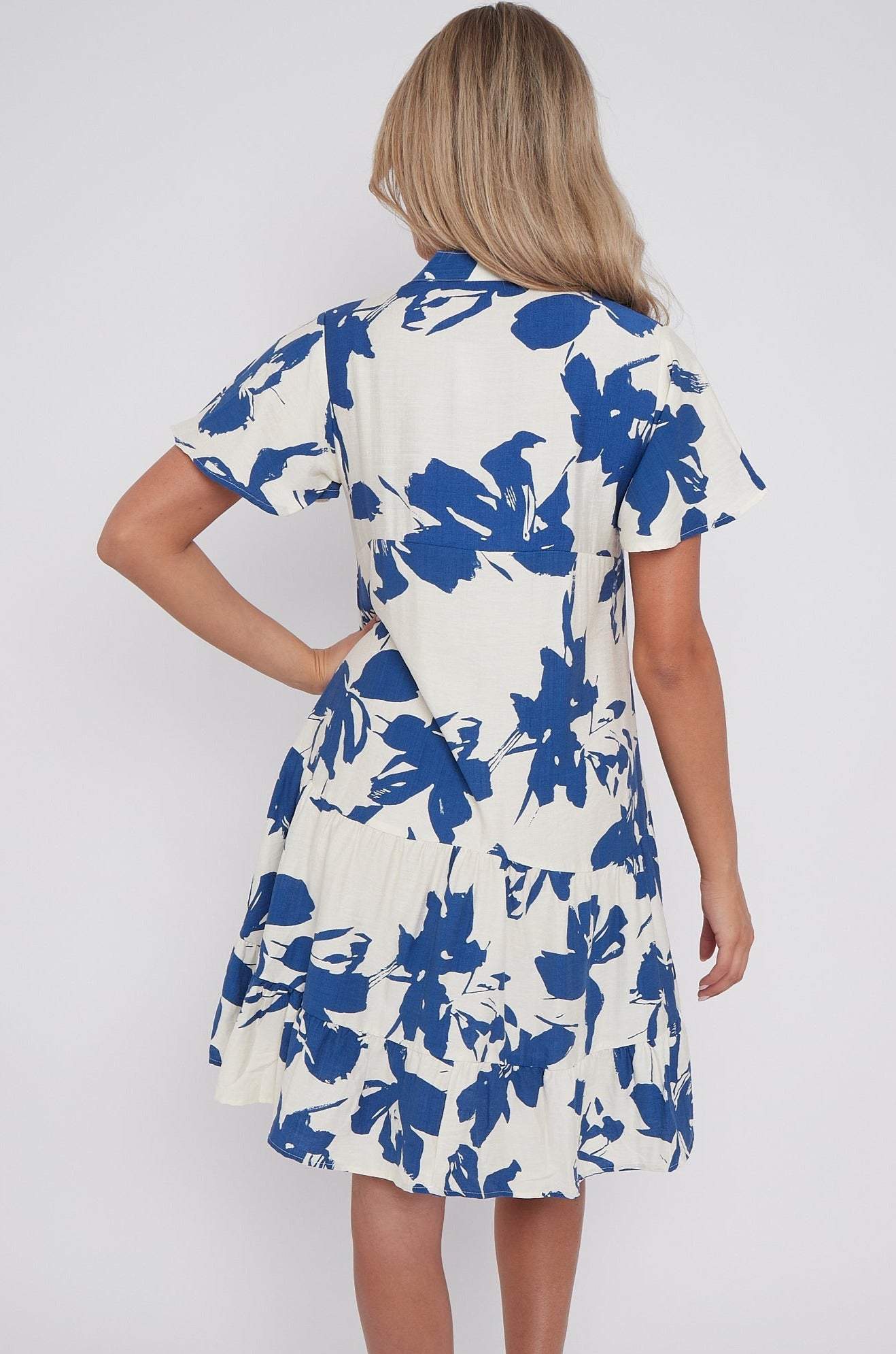 8Pcs Blue Floral Print Short Sleeve Flared Mini Dress