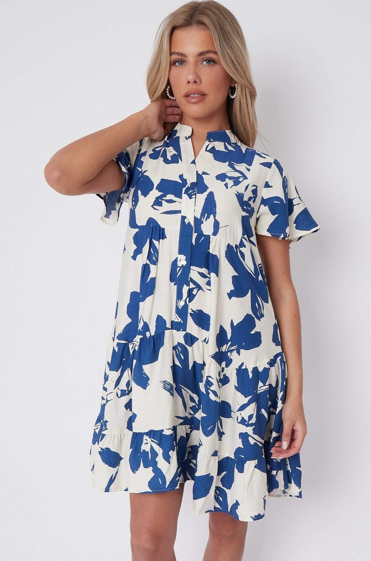 8Pcs Blue Floral Print Short Sleeve Flared Mini Dress