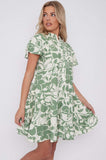 8Pcs Green Paisley Floral Print Short Sleeve Flared Mini Dress