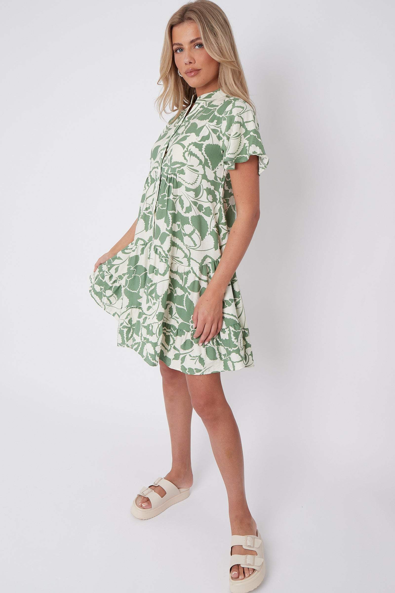 8Pcs Green Paisley Floral Print Short Sleeve Flared Mini Dress