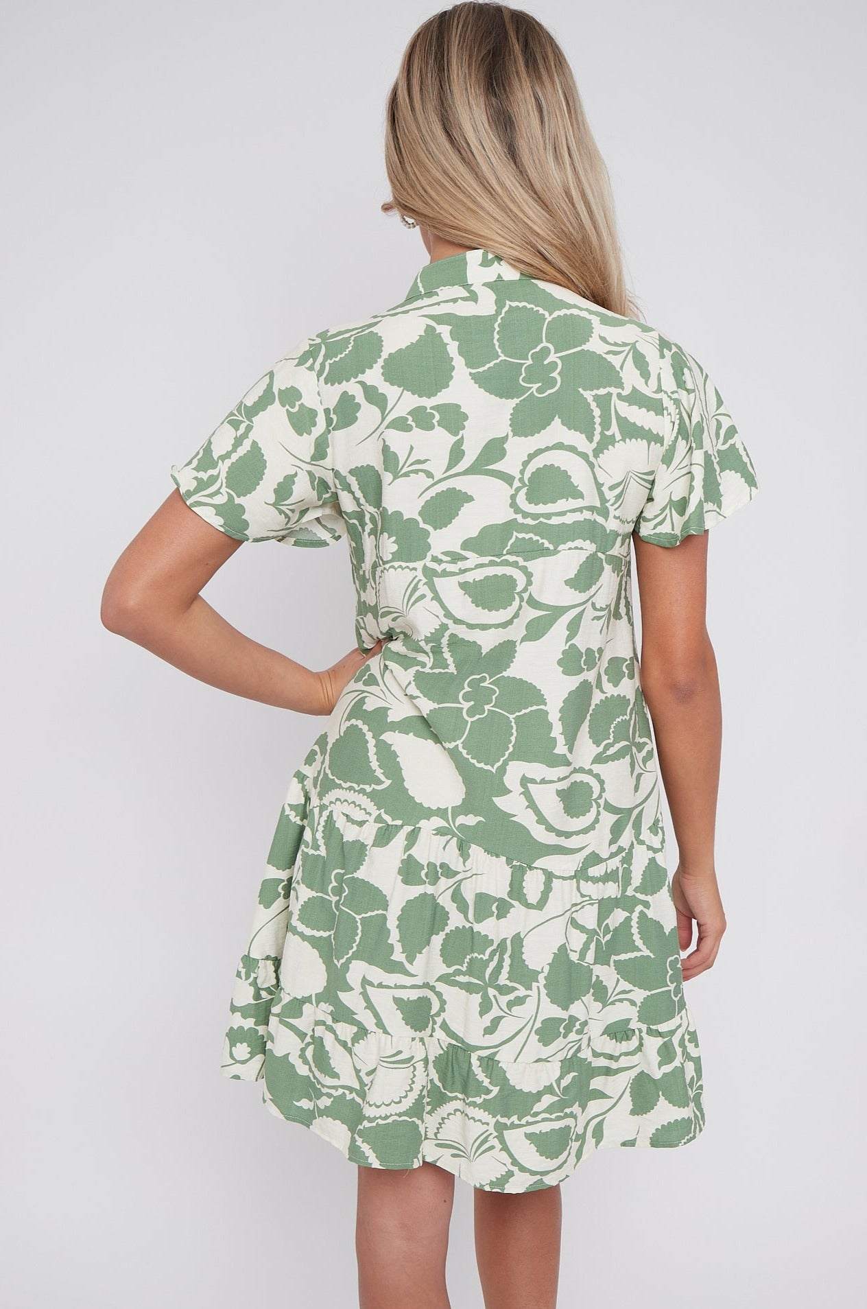 8Pcs Green Paisley Floral Print Short Sleeve Flared Mini Dress
