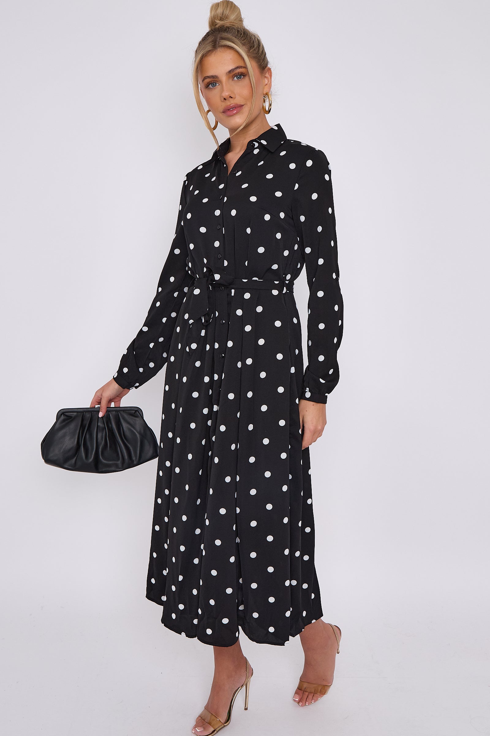 Love Sunshine Black Polka Dot Print Midaxi Shirt Dress Brunch Dress Casual Dress DB Dress with Pockets Everyday Dress Garden Party Dress Holiday Dress Long Sleeve Dress LS-2037 Wedding Guest Dress