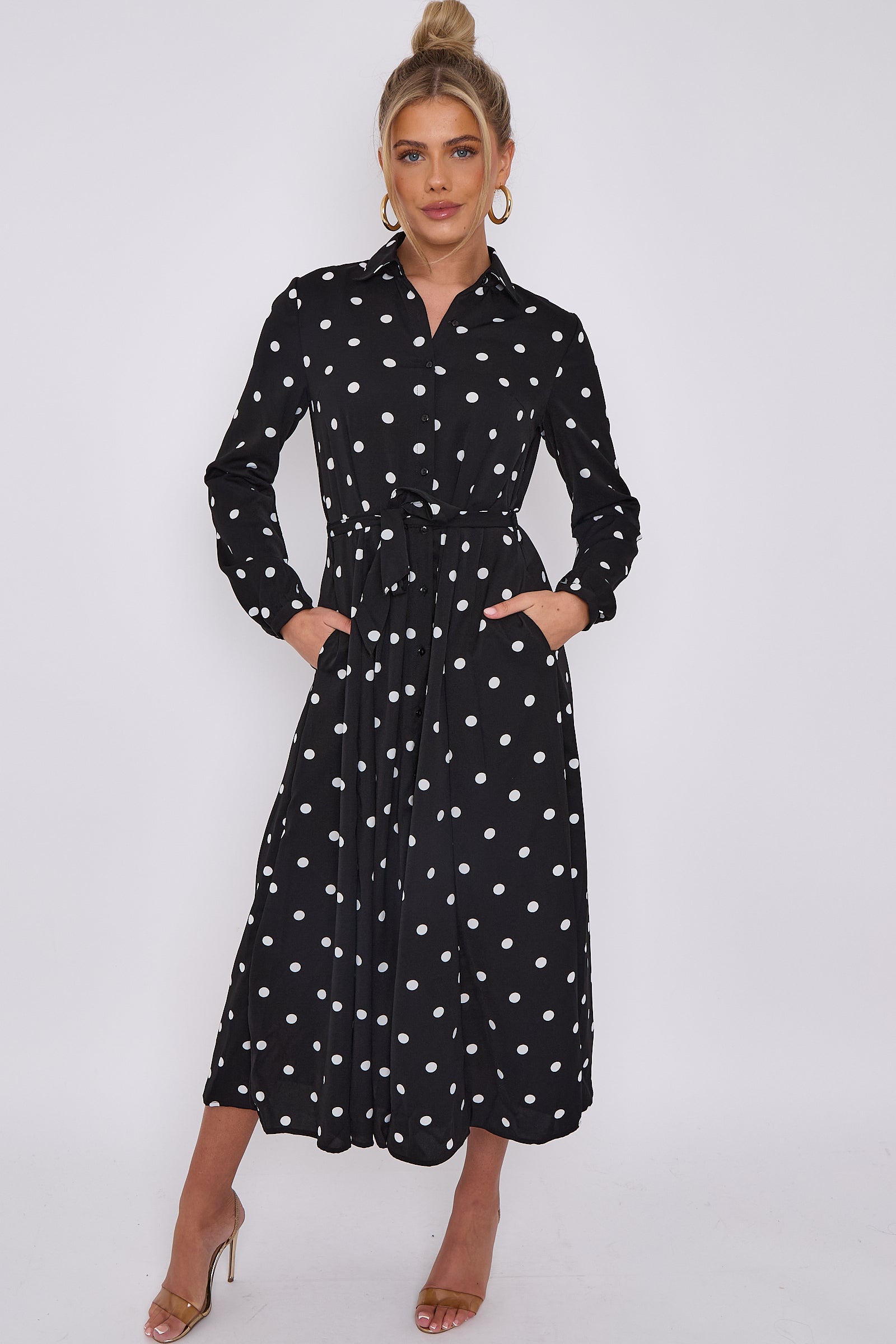 Love Sunshine Black Polka Dot Print Midaxi Shirt Dress Brunch Dress Casual Dress DB Dress with Pockets Everyday Dress Garden Party Dress Holiday Dress Long Sleeve Dress LS-2037 Wedding Guest Dress
