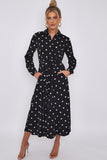 Love Sunshine Black Polka Dot Print Midaxi Shirt Dress Brunch Dress Casual Dress DB Dress with Pockets Everyday Dress Garden Party Dress Holiday Dress Long Sleeve Dress LS-2037 Wedding Guest Dress