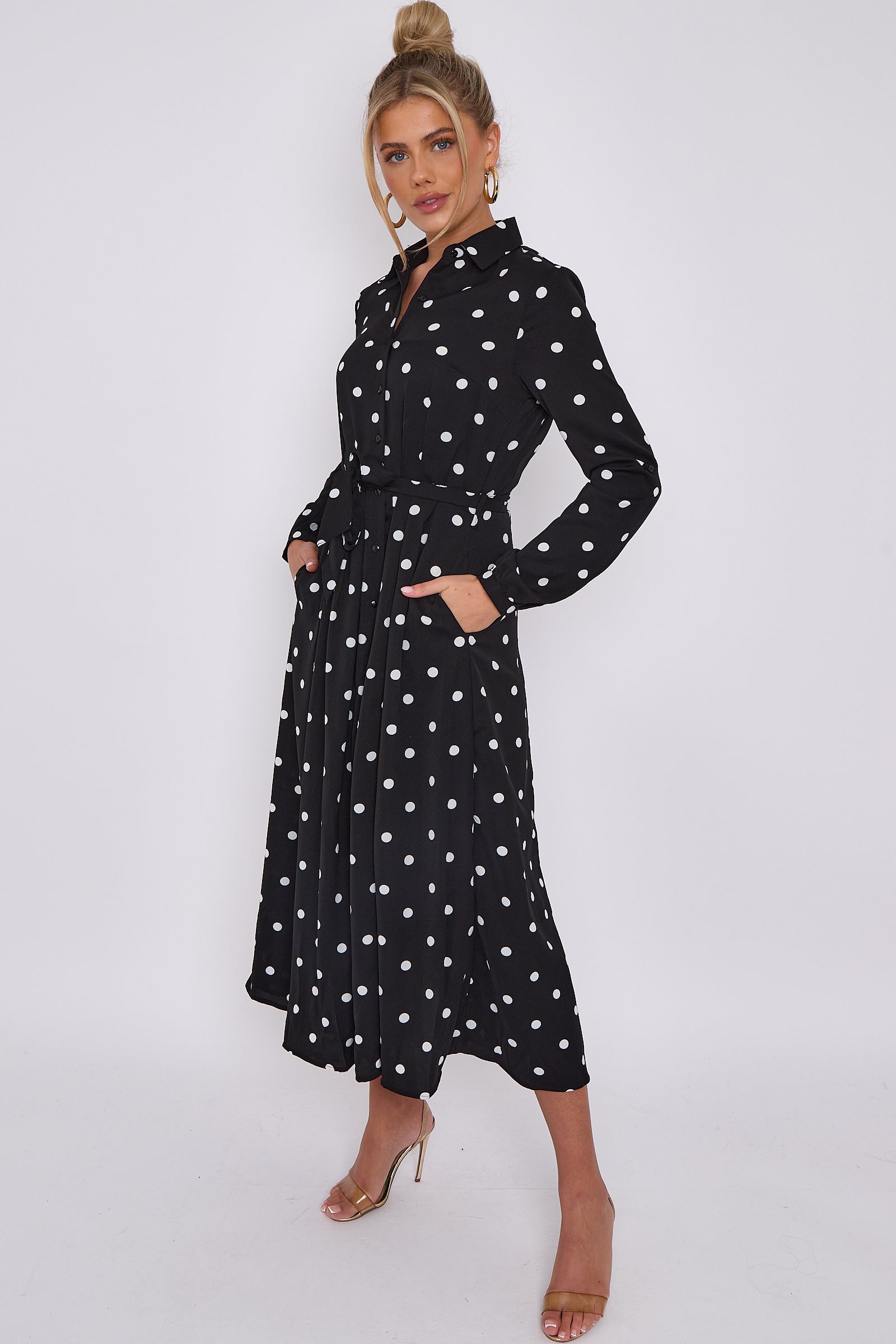 Love Sunshine Black Polka Dot Print Midaxi Shirt Dress Brunch Dress Casual Dress DB Dress with Pockets Everyday Dress Garden Party Dress Holiday Dress Long Sleeve Dress LS-2037 Wedding Guest Dress