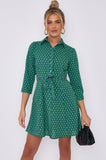 Love Sunshine Green Geo Print Belted Mini Shirt Dress Brunch Dress Casual Dress Dress with Pockets Everyday Dress Garden Party Dress Long Sleeve Dress LS-2143 Workwear Dress