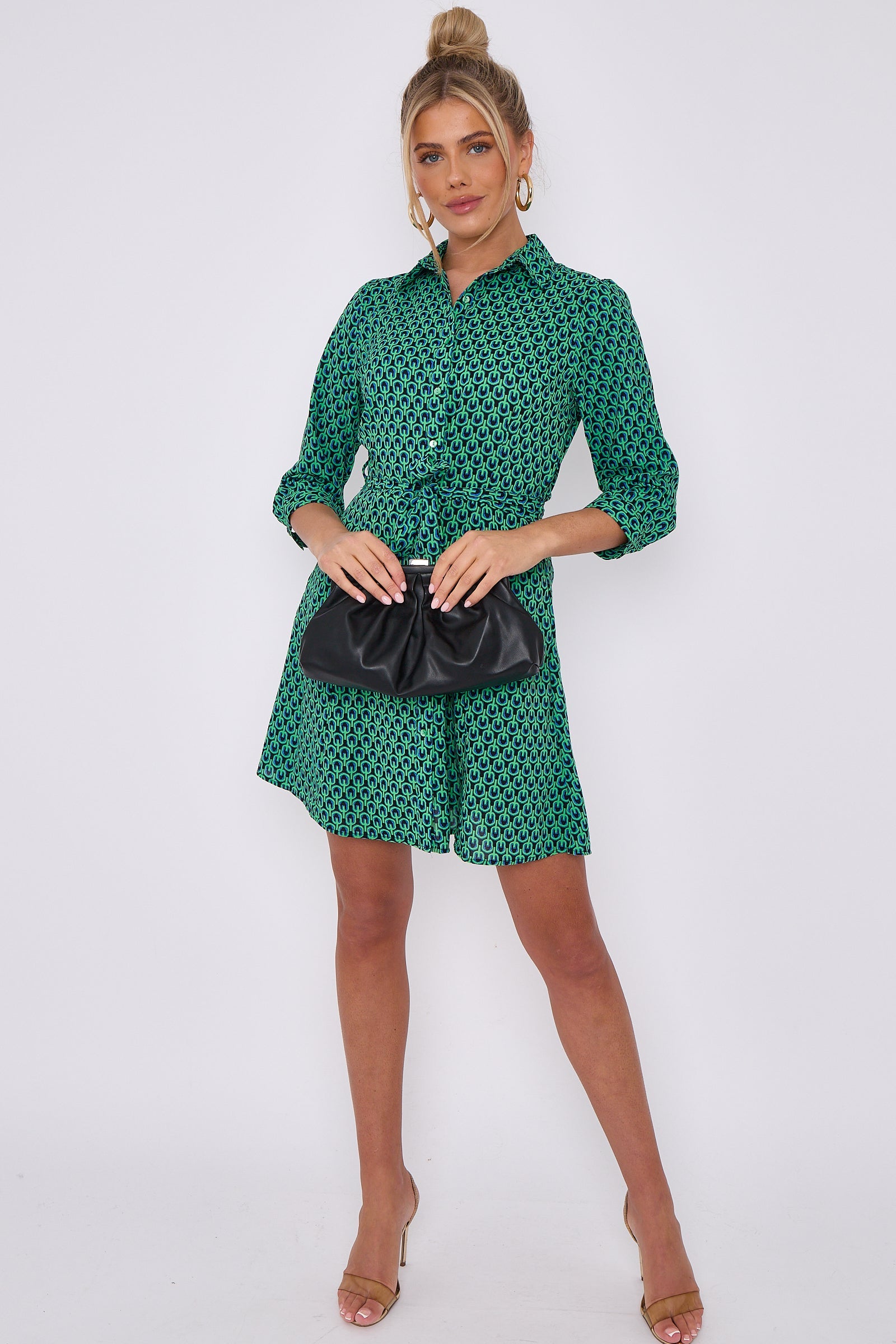 Love Sunshine Green Geo Print Belted Mini Shirt Dress Brunch Dress Casual Dress Dress with Pockets Everyday Dress Garden Party Dress Long Sleeve Dress LS-2143 Workwear Dress