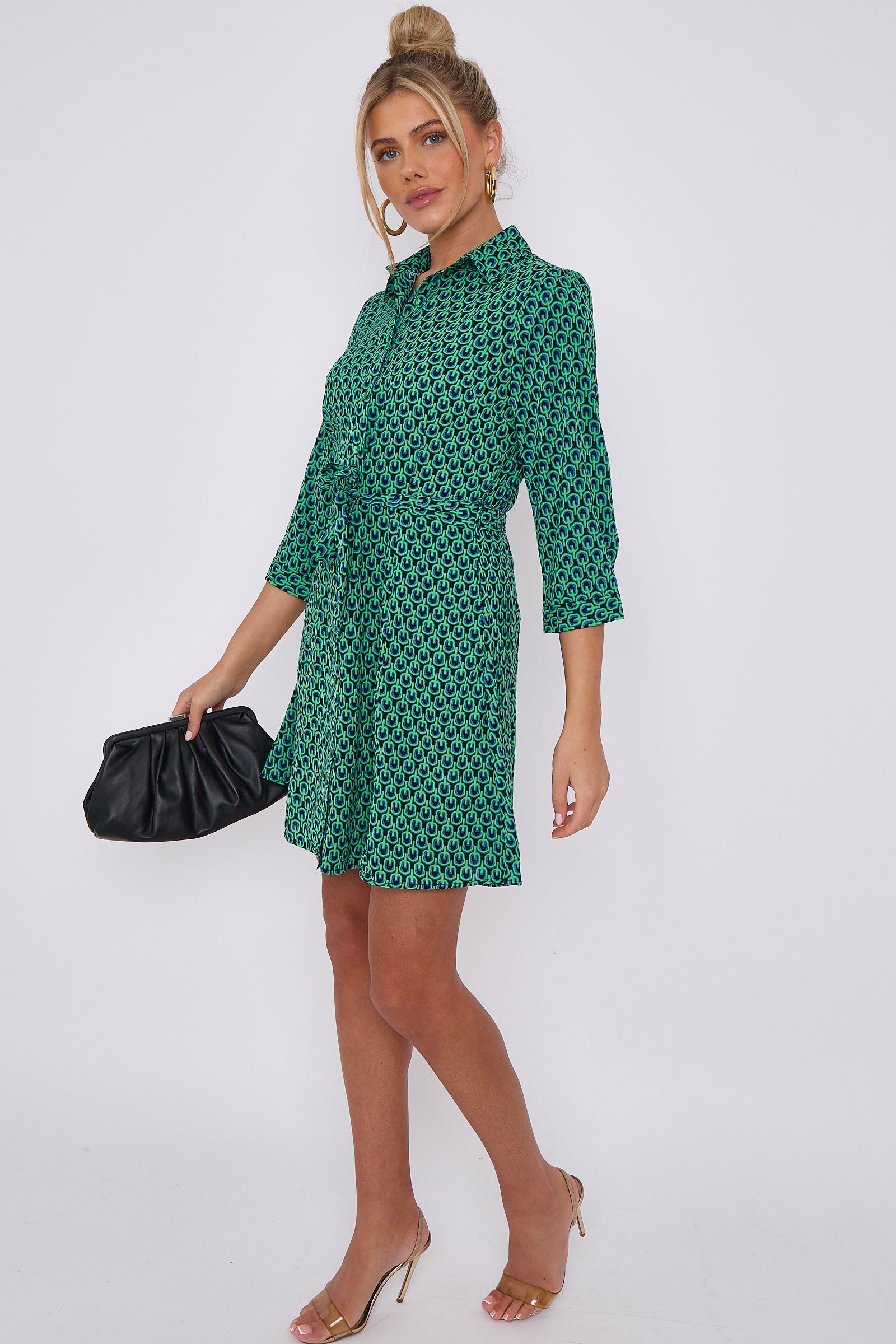 Love Sunshine Green Geo Print Belted Mini Shirt Dress Brunch Dress Casual Dress Dress with Pockets Everyday Dress Garden Party Dress Long Sleeve Dress LS-2143 Workwear Dress