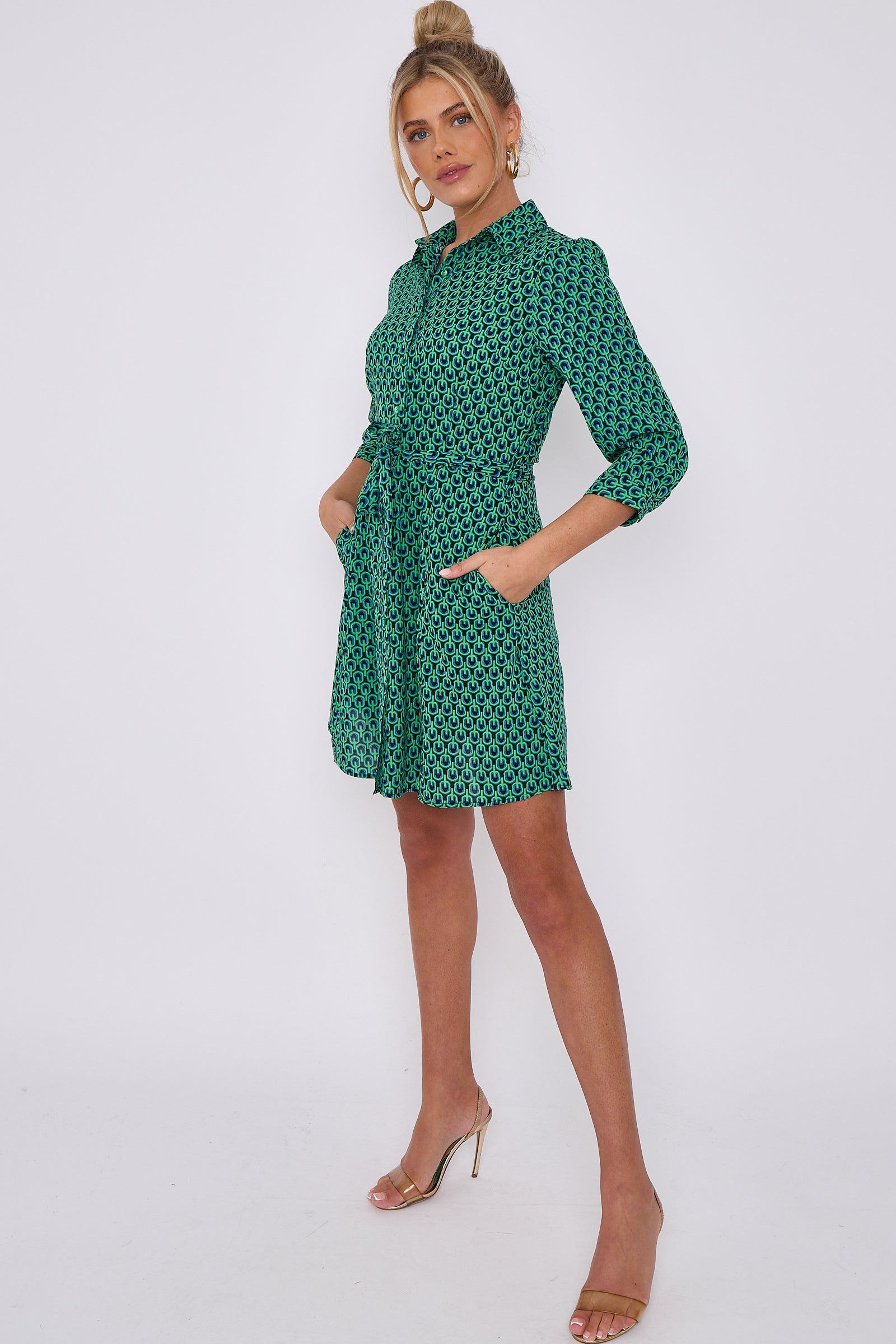 Love Sunshine Green Geo Print Belted Mini Shirt Dress Brunch Dress Casual Dress Dress with Pockets Everyday Dress Garden Party Dress Long Sleeve Dress LS-2143 Workwear Dress