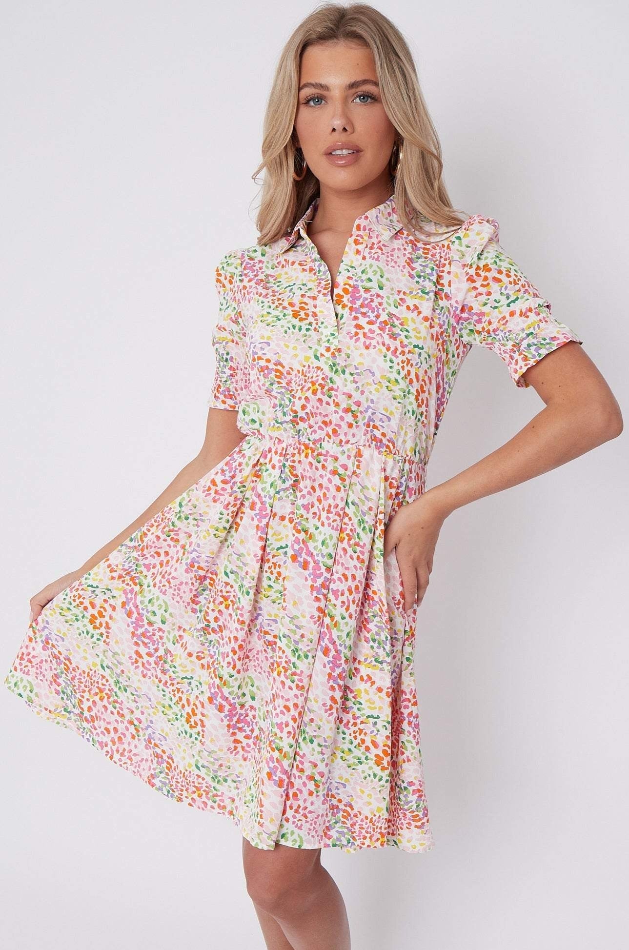 8Pcs White Rainbow Leopard Print Mini Dress
