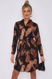 Love Sunshine Brown Abstract Print Black Mini Shirt Dress Brunch Dress Casual Dress Dress with Pockets Everyday Dress Long Sleeve Dress LS-5026 Workwear Dress