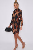 Love Sunshine Brown Abstract Print Black Mini Shirt Dress Brunch Dress Casual Dress Dress with Pockets Everyday Dress Long Sleeve Dress LS-5026 Workwear Dress