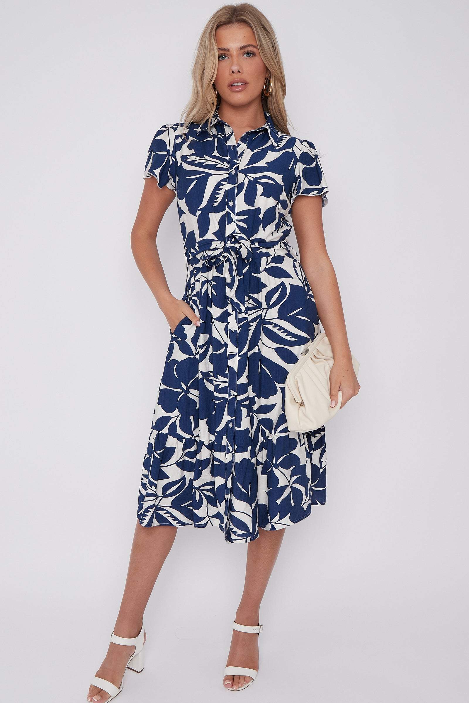 8Pcs Navy Leaf Printed Short Sleeve Midi Dress