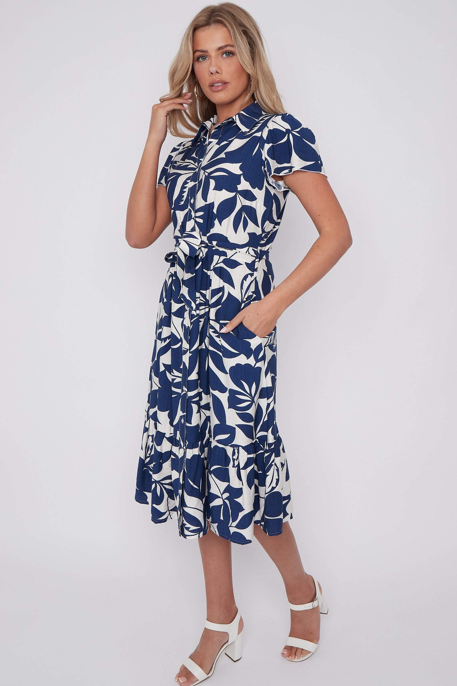 8Pcs Navy Leaf Printed Short Sleeve Midi Dress